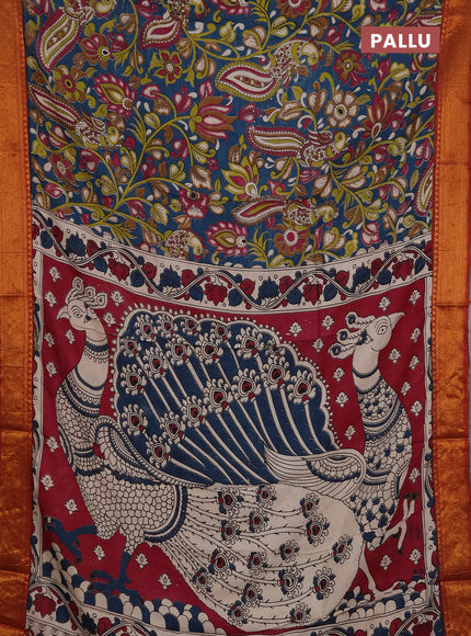 Kalamkari semi silk saree peacock blue and rust shade with allover prints and mangalgiri border