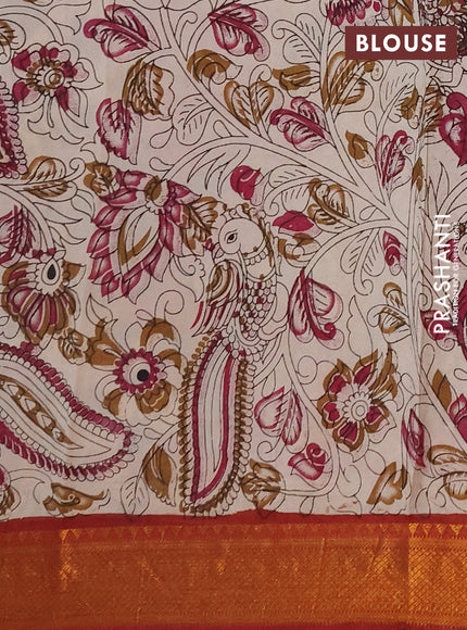 Kalamkari semi silk saree peacock blue and rust shade with allover prints and mangalgiri border