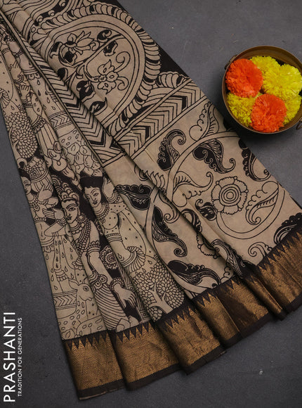 Kalamkari semi silk saree black and beige with allover prints and mangalgiri border