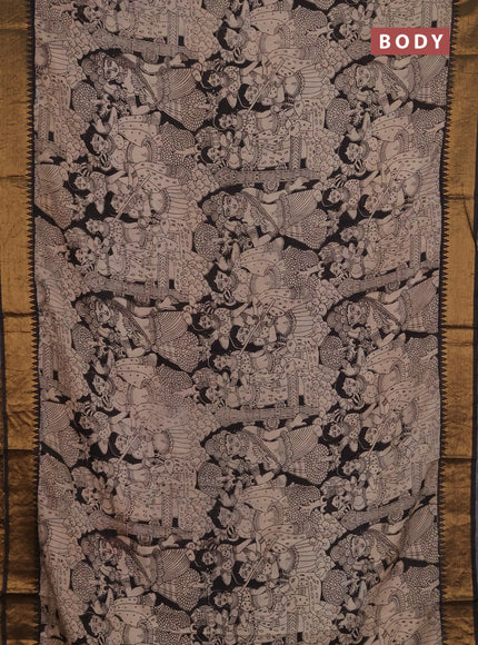 Kalamkari semi silk saree black and beige with allover prints and mangalgiri border