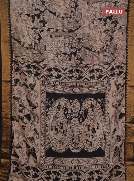 Kalamkari semi silk saree black and beige with allover prints and mangalgiri border