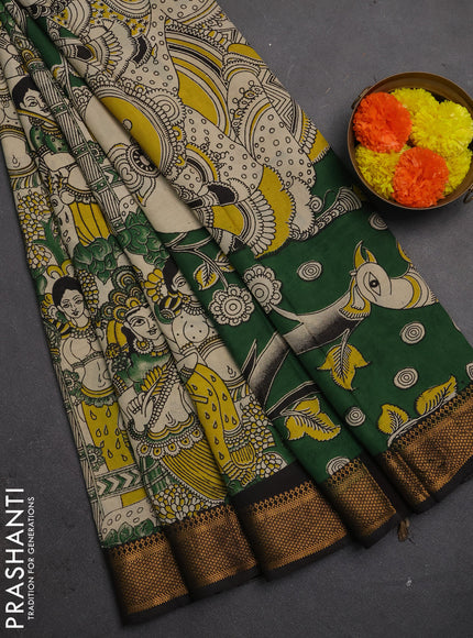 Kalamkari semi silk saree beige green and black with allover pichwai prints and mangalgiri border