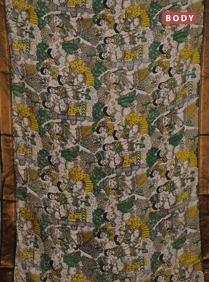 Kalamkari semi silk saree beige green and black with allover pichwai prints and mangalgiri border