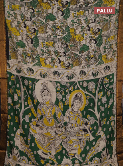 Kalamkari semi silk saree beige green and black with allover pichwai prints and mangalgiri border