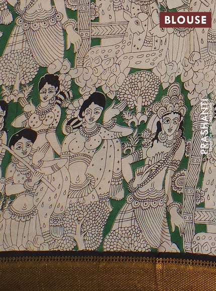 Kalamkari semi silk saree beige green and black with allover pichwai prints and mangalgiri border