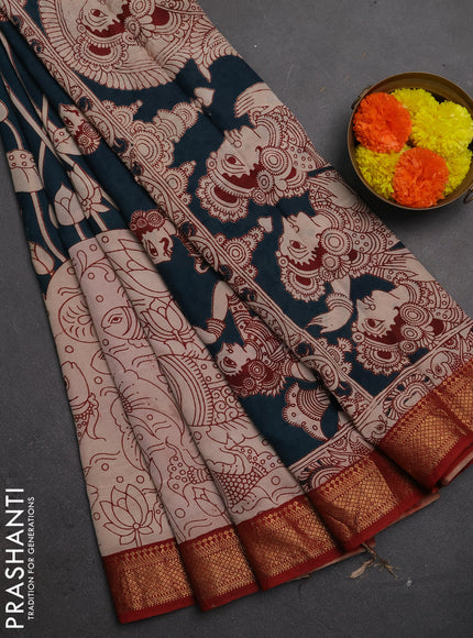 Kalamkari semi silk saree peacock green and beige maroon with allover pichwai prints and mangalgiri border
