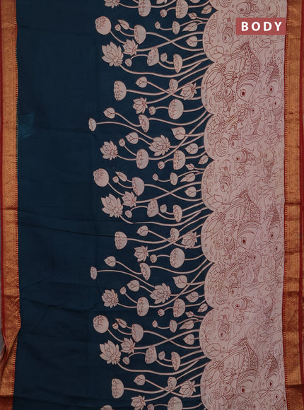 Kalamkari semi silk saree peacock green and beige maroon with allover pichwai prints and mangalgiri border