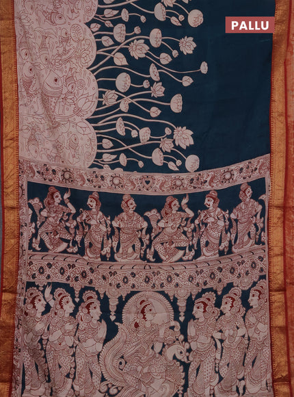 Kalamkari semi silk saree peacock green and beige maroon with allover pichwai prints and mangalgiri border