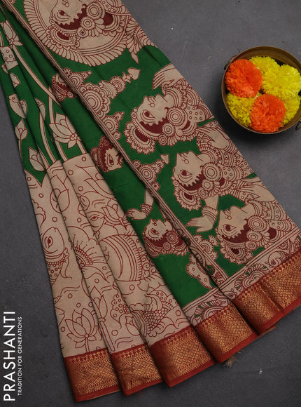 Kalamkari semi silk saree green and rust shade with allover pichwai prints and mangalgiri border