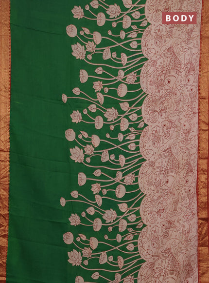 Kalamkari semi silk saree green and rust shade with allover pichwai prints and mangalgiri border
