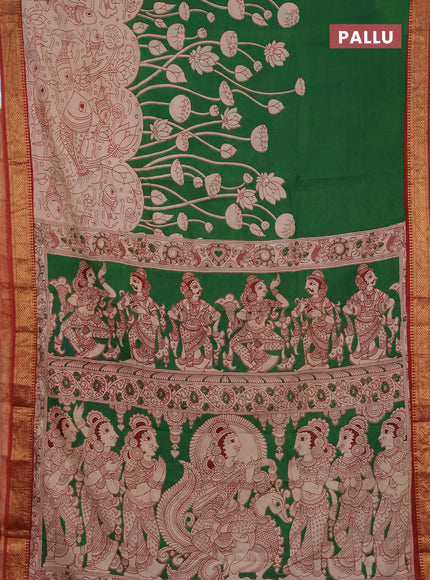 Kalamkari semi silk saree green and rust shade with allover pichwai prints and mangalgiri border