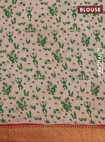 Kalamkari semi silk saree green and rust shade with allover pichwai prints and mangalgiri border