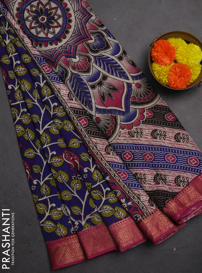 Kalamkari semi silk saree blue and magenta pink with allover prints and mangalgiri border