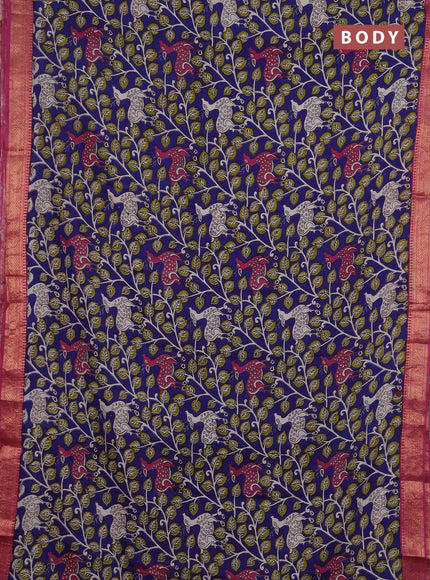 Kalamkari semi silk saree blue and magenta pink with allover prints and mangalgiri border