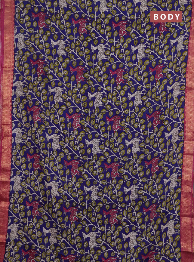 Kalamkari semi silk saree blue and magenta pink with allover prints and mangalgiri border