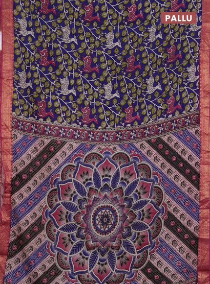 Kalamkari semi silk saree blue and magenta pink with allover prints and mangalgiri border