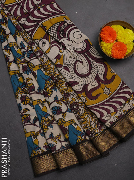 Kalamkari semi silk saree beige and blsck with allover prints and mangalgiri border