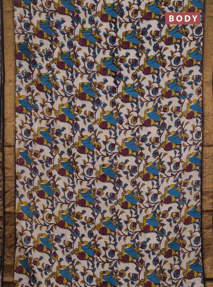 Kalamkari semi silk saree beige and blsck with allover prints and mangalgiri border
