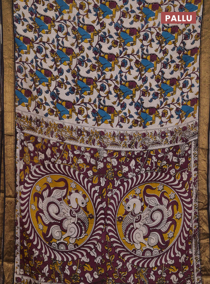 Kalamkari semi silk saree beige and blsck with allover prints and mangalgiri border