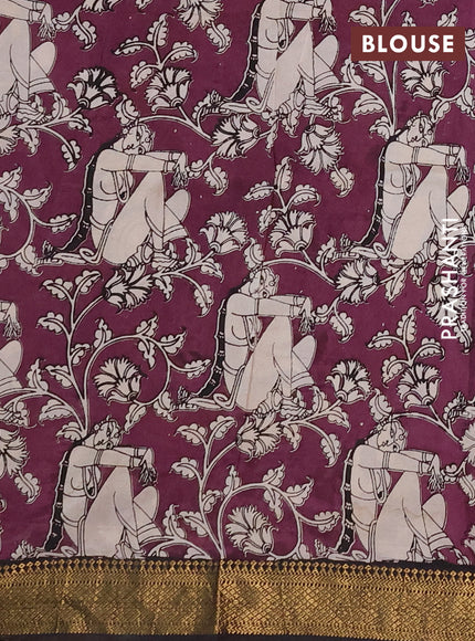 Kalamkari semi silk saree beige and blsck with allover prints and mangalgiri border