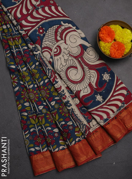 Kalamkari semi silk saree peaock blue and rust shade with allover prints and mangalgiri border