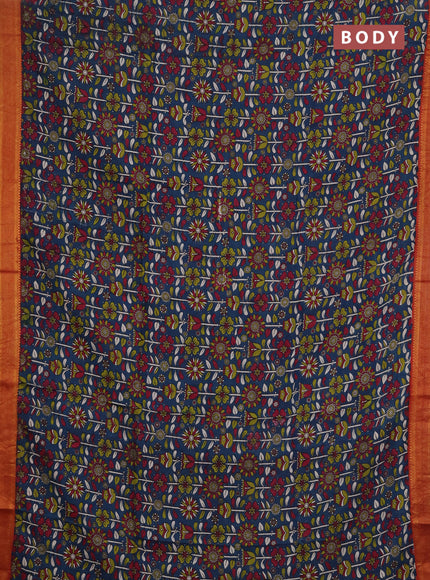 Kalamkari semi silk saree peaock blue and rust shade with allover prints and mangalgiri border