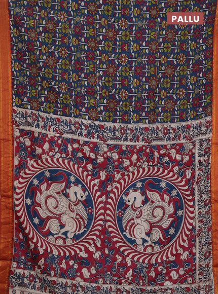 Kalamkari semi silk saree peaock blue and rust shade with allover prints and mangalgiri border