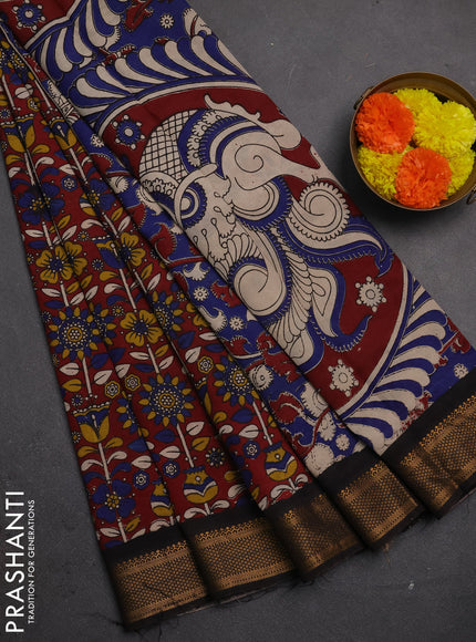 Kalamkari semi silk saree maroon and black with allover prints and mangalgiri border