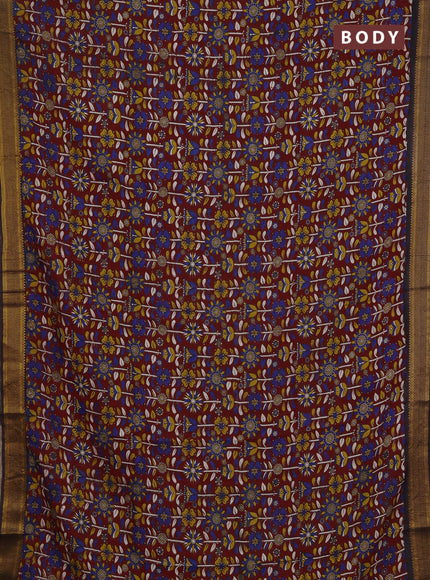 Kalamkari semi silk saree maroon and black with allover prints and mangalgiri border