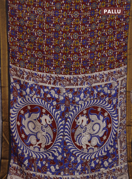 Kalamkari semi silk saree maroon and black with allover prints and mangalgiri border
