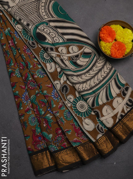 Kalamkari semi silk saree dark mustard and black with allover prints and mangalgiri border