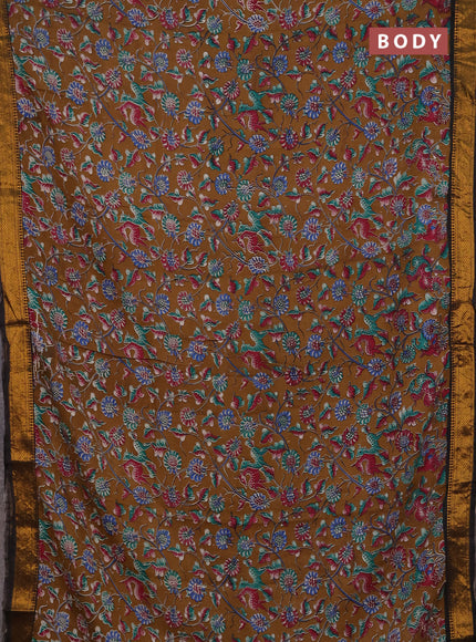 Kalamkari semi silk saree dark mustard and black with allover prints and mangalgiri border
