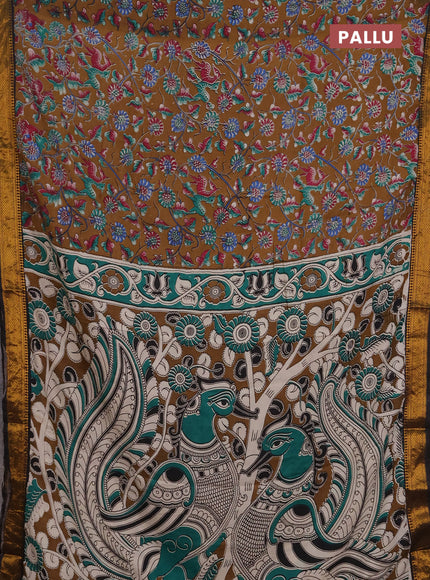Kalamkari semi silk saree dark mustard and black with allover prints and mangalgiri border