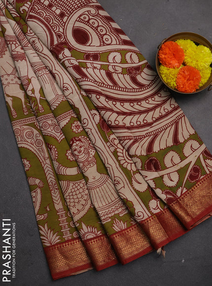 Kalamkari semi silk saree mehendi green and rust shade with allover prints and mangalgiri border