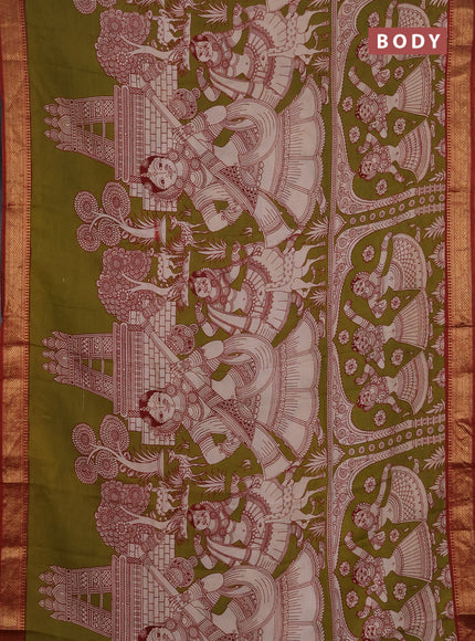 Kalamkari semi silk saree mehendi green and rust shade with allover prints and mangalgiri border