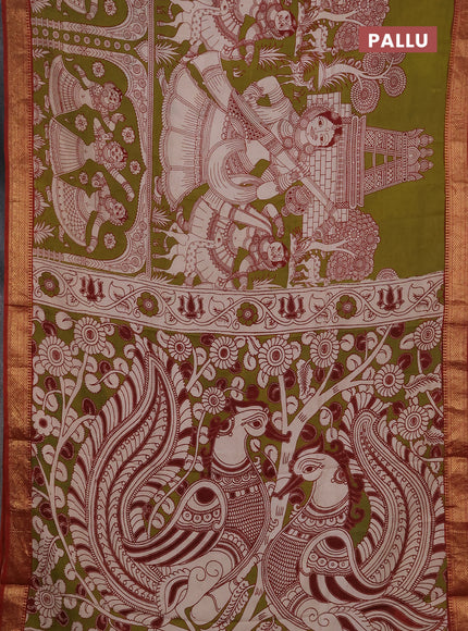 Kalamkari semi silk saree mehendi green and rust shade with allover prints and mangalgiri border