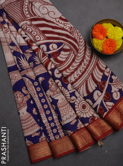 Kalamkari semi silk saree blue and maroon with allover prints and mangalgiri border