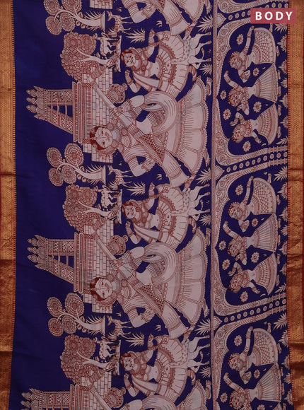 Kalamkari semi silk saree blue and maroon with allover prints and mangalgiri border