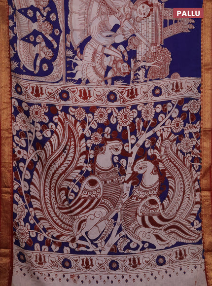 Kalamkari semi silk saree blue and maroon with allover prints and mangalgiri border