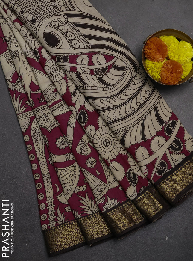 Kalamkari semi silk saree magenta pink and black with allover prints and mangalgiri border