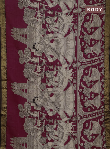 Kalamkari semi silk saree magenta pink and black with allover prints and mangalgiri border