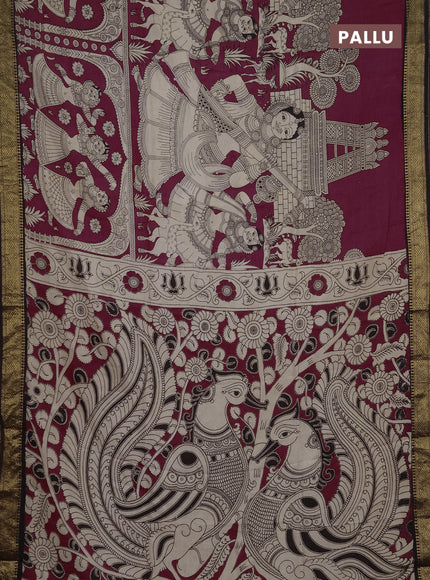 Kalamkari semi silk saree magenta pink and black with allover prints and mangalgiri border