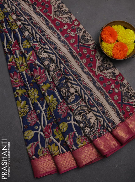 Kalamkari semi silk saree blue and magenta pink with allover prints and mangalgiri border