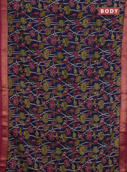 Kalamkari semi silk saree blue and magenta pink with allover prints and mangalgiri border