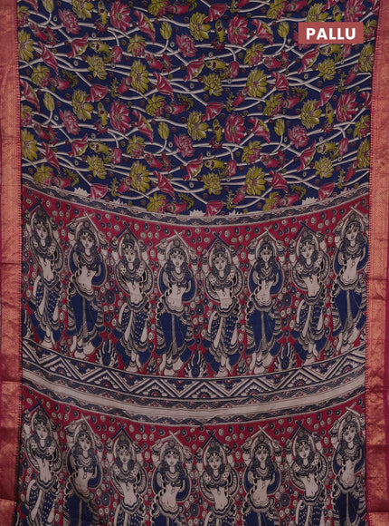 Kalamkari semi silk saree blue and magenta pink with allover prints and mangalgiri border