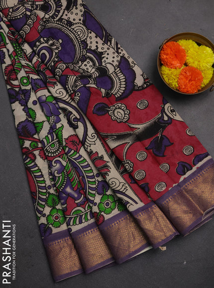 Kalamkari semi silk saree beige and lavender with allover prints and mangalgiri border