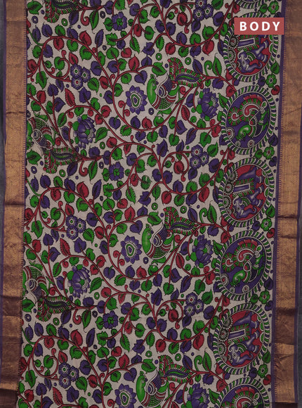 Kalamkari semi silk saree beige and lavender with allover prints and mangalgiri border