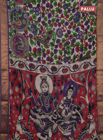 Kalamkari semi silk saree beige and lavender with allover prints and mangalgiri border