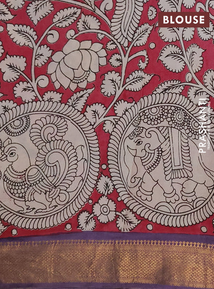 Kalamkari semi silk saree beige and lavender with allover prints and mangalgiri border