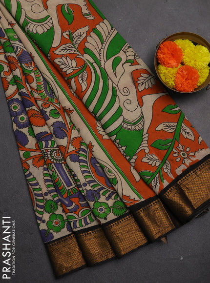 Kalamkari semi silk saree beige and black with allover prints and mangalgiri border